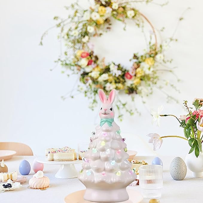 Easter Bunny Tree,Bunny lamp,Glowing Bunny Imitation CeramicTree,Resin BunnyFigurine with Colorful Lamp,Light Up Tree with Rabbit Ears,Easter Night Light for Home Decorations (A)