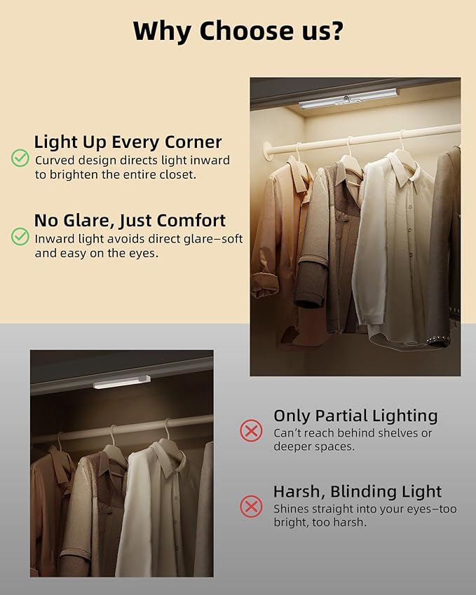 EZVALO 3 Pack Motion Sensor Closet Light with Eye-Protection Design, 1800mAh Rechargeable Under Cabinet Lighting, 3 Color Temps Night Light for Pantry, Stair