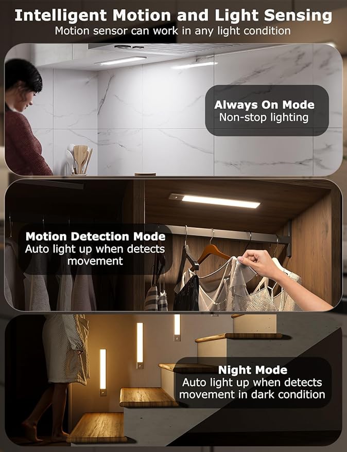 12" Ultra-Thin Under Cabinet Lighting Wireless, Aluminum Alloy Under Counter Lights for Kitchen, 3-Color-Temps Magnetic Closet Lights, Rechargeable Motion Sensor Light Indoor (4 Pack, Silver)