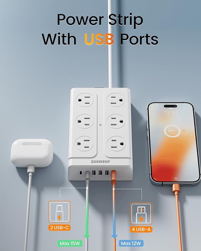 Surge Protector Power Strip – 10FT Extension Cord with 12-Outlet 4 USB-A & 2 USB-C Ports, 1850W/15A, Flat Plug, Wall Mountable – ETL Listed for Home, Dorm Room