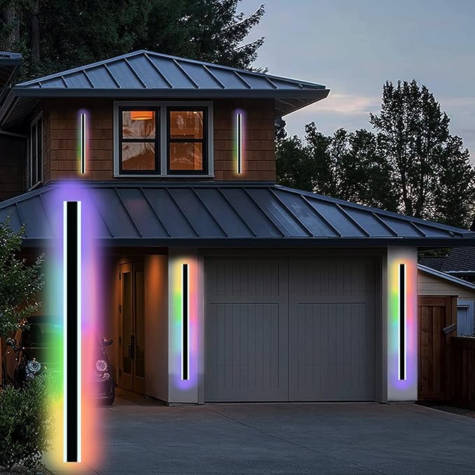 Outdoor Long Strip Modern LED Wall Lighting Fixture Lamps, RGB LED Light Strip,UL MW Driver,Elegant Frosted White Acrylic, Black Aluminum Body IP65 Waterproof Anti Rust(RGB, 60inch)