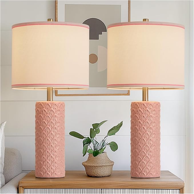 27" Farmhouse Bedside Table Lamp Set of 2, Pink Modern Ceramic Lamps for Living Room, 3 Color Temperature Rustic Table Lamps for Bedroom, Night Stands, Dorm,Office, Home Décor (Bulb Included