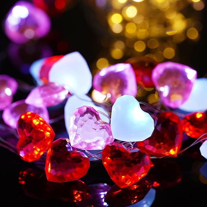 BOHON Valentine Day Decor 10 ft 30 LEDs 3D Heart Lights, Red White Pink Fairy String Lights with Remote Battery Operated, Valentines Decorations for The Home Bedroom Garland Wedding Indoor Timer