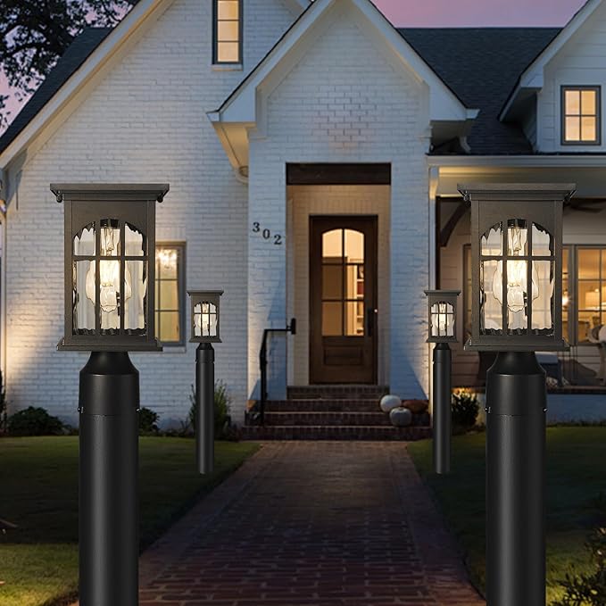 Solar Lamp Post Lights Outdoor Waterproof, Dusk to Dawn Outside Pole Light Fixture with Remote, Exterior Pillar Lantern with Water Ripple Glass and LED Bulb for Pathway Garden Patio Gargae