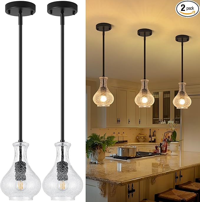 Black Pendant Lights Kitchen Island 2 Pack, 5.9" Unique Crackle Glass Pendant Light Fixtures with Adjustable Rods, Modern Single Hanging Lighting for Kitchen Island, Sink, Bathroom, E26 Base
