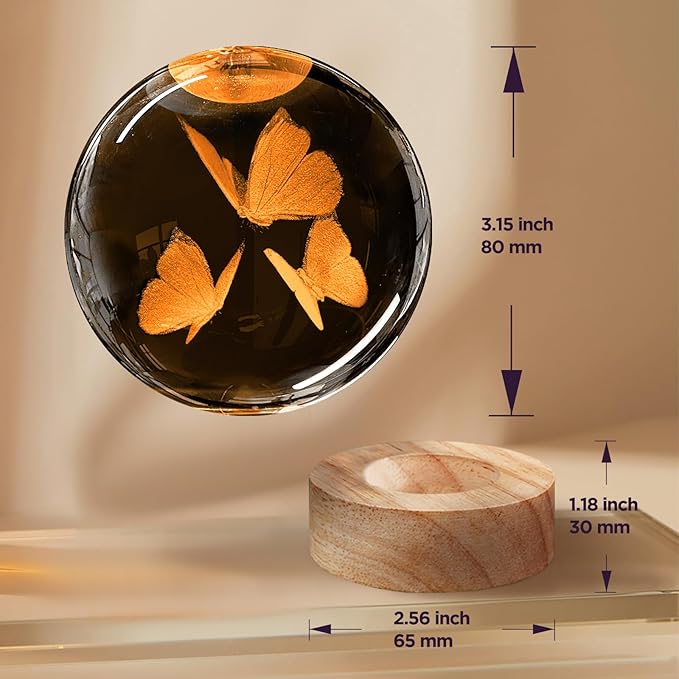 3D Butterfly Crystal Ball Night Light with Woodern Base, 3.15" Butterfly Figurine Glass Lamp with 16 Colors Cute Desk Decor for Home Butterfly Gifts for Women Kids Friends