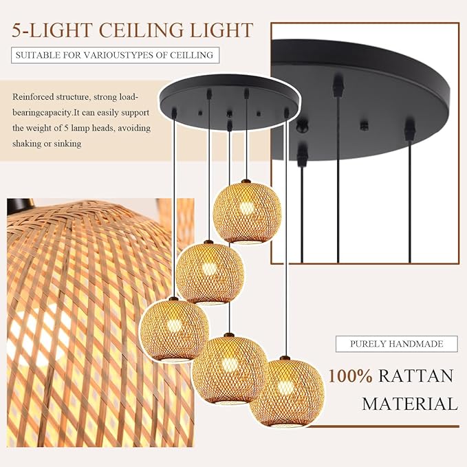 5-Light Rattan Chandelier Lighting for Staircase Boho Bamboo Long Chandeliers for High Ceilings, Wicker Adjustable Pendant Light Fixture for Foyer Living Room Entryway, E26 Base