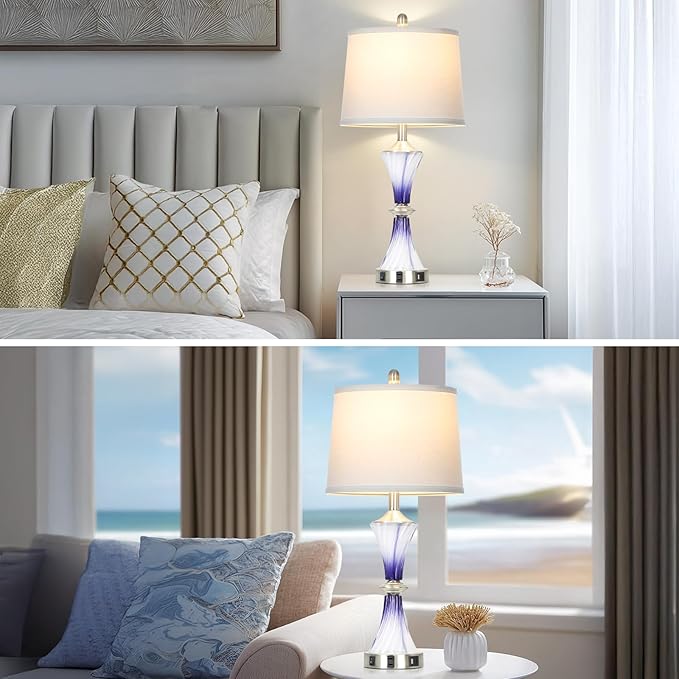 Purple Glass Table Lamp Set of 2 with USB C+A Ports & AC Outlet, Bedside Lamp, Modern Bedroom Lamps, Crystal Lamp for Night Stands Bedroom Living Room,Nightstand Lamp LED Bulbs Included