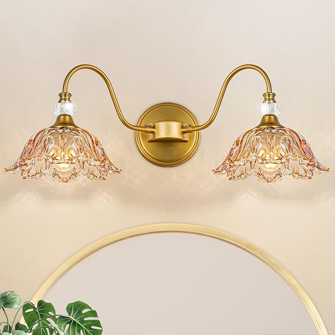 Vintage Bathroom Vanity Light, 2-Light Matte Brass Finish Vanity Light with Floral Amber Glass Shades, Retro Wall Sconce for Bathroom, Dressing Table