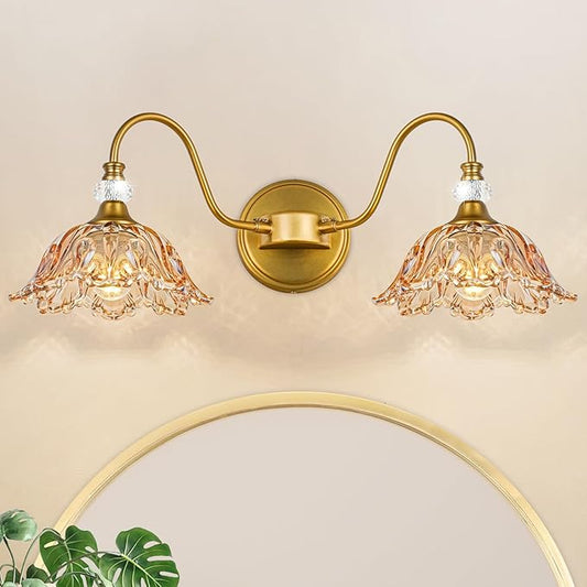 Vintage Bathroom Vanity Light, 2-Light Matte Brass Finish Vanity Light with Floral Amber Glass Shades, Retro Wall Sconce for Bathroom, Dressing Table
