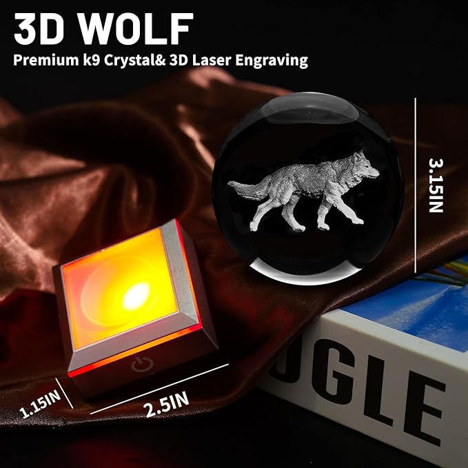3D Crystal Ball Night Light with LED Colorful Touch Base - 3.15 Inch Wolf Figurine Glass Sphere Lamp for Birthday, Christmas, Home Decor Gift