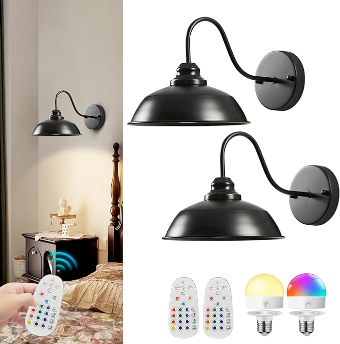 Battery Operated Wall Sconces Set of Two, Black Wireless Wall Lights with Remote and Dimmable Bulbs for Bedroom/Living Room/Farmhouse, Rechargeable Vintage Gooseneck Wall Decor Lamp