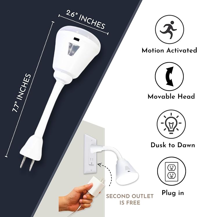 Bright Night Light LED Motion and Light Sensor AC Outlet Plug-in Flexible Neck Rotatable PIR Automatic Lamp Dusk to Dawn (6 Watts)