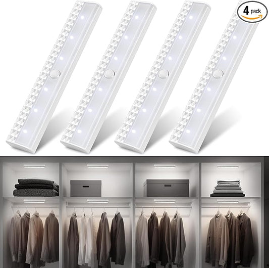 maylit 4 Pack Closet Lights Motion Sensored, Battery Operated Light Indoor, Wireless Magnetic Night LED Bar, Stick on Lighting for Stair, Shelf, Hallway, Bed, Pantry, Under Cabinet, 6000K Cool White