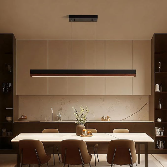 39" Wood Linear Pendant Light, 24W LED Hanging Pendant Light, Dimmable Kitchen Island Lighting with Remote, Adjustable Linear Chandelier for Dining Room, Kitchen Island, Bar, Office-Walnut