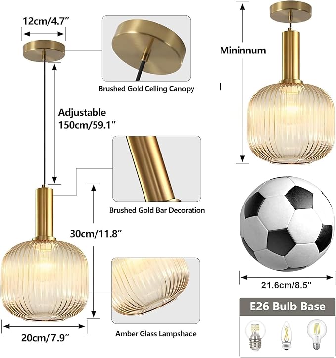 KCO Lighting Amber Glass Globe Pendant Light Mid Century Modern Kitchen Island Pendant Lighting Gold Single Pendant Light Fixture Vintage Brass Hanging Ceiling Light for Living Room Dining Room