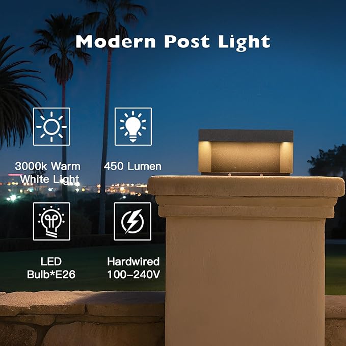 Outdoor Post Light, 11.81" Squre Pillar Post Lights Wired Modern Fence Deck Posts Lamp Waterproof Outside 3000K Warm LED Lantern for Flat Surface Patio Garden Decoration
