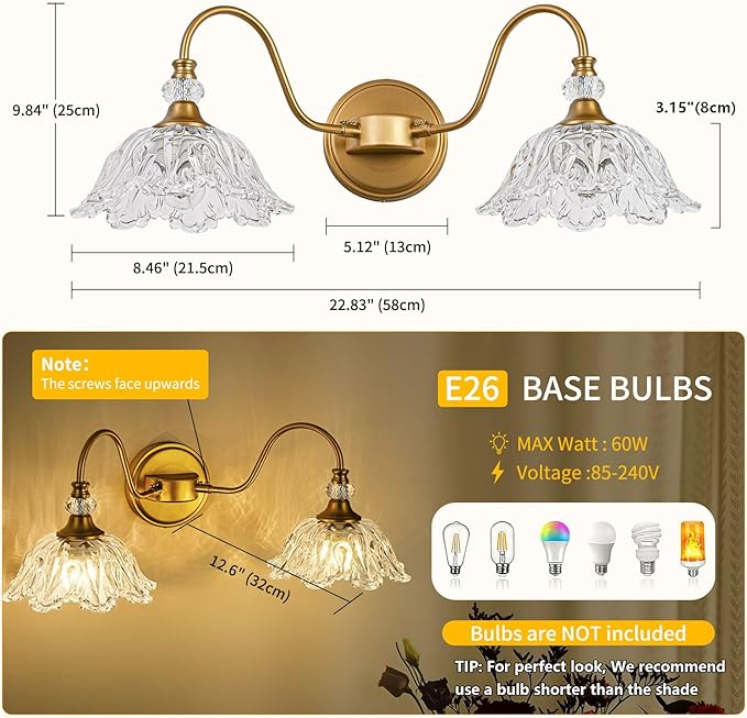 Vintage Bathroom Vanity Light, 2-Light Matte Brass Finish Vanity Light with Floral Clear Glass Shades, Retro Wall Sconce for Bathroom, Dressing Table