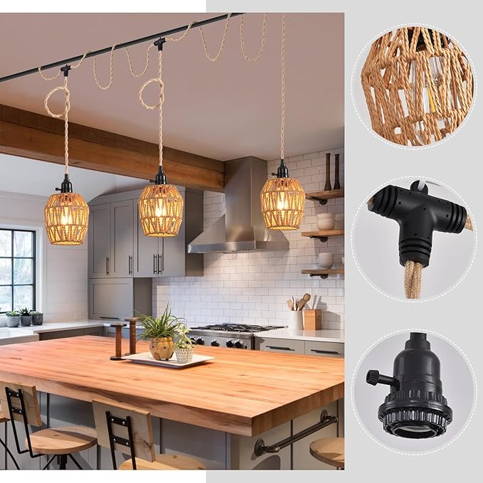 3 Light Plug in Pendant Light Rattan Hanging Lights with Switch 22FT Industrial Ceiling Light,Plug in Cord with Woven Hemp Rope Lamp Shade, Hanging Lamp Cord Farmhouse Cable DIY