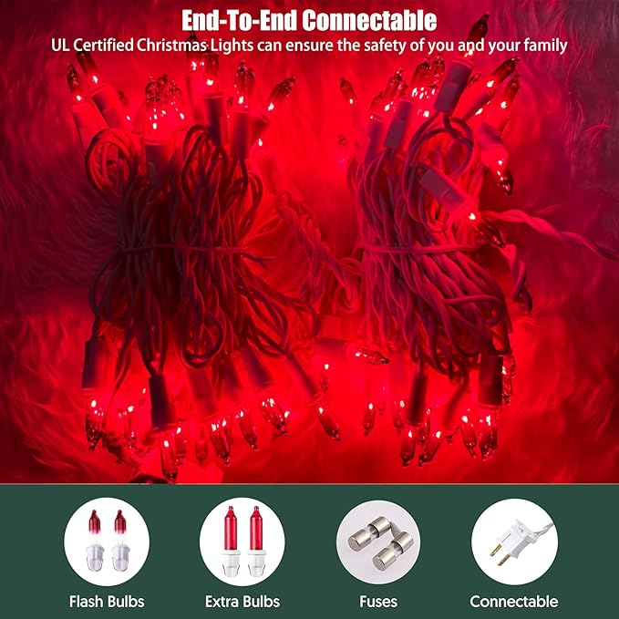 HISHINY Christmas Lights 100 Count Red Christmas Tree String Lights with White Wire for Outdoor Indoor Christmas Decorations Wedding Decorations Valentines Day Decor,UL Certified (21feet)