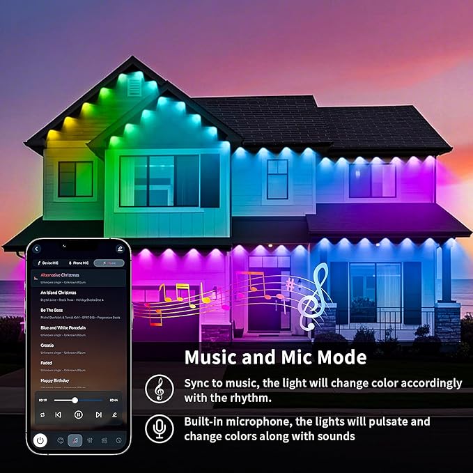 KSIPZE 100ft Permanent Outdoor Lights Waterproof IP67, Smart RGB+IC Eaves LED Lights with App & Button Control, 200+ Dynamic Scene Modes for House Roof, Garden, Christmas, Party Decor