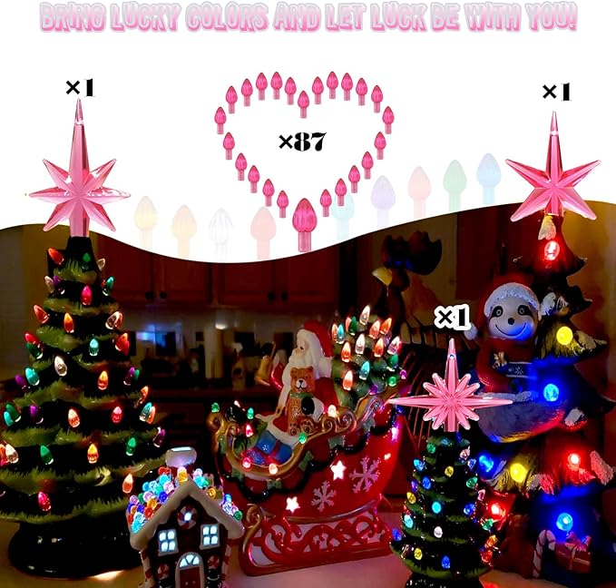 Ceramic Christmas Tree Replacement Lights Bulbs, Pink Medium Twist Plastics Pegs Ornaments for Ceramic Tree(87 Bulbs＆ 3 Topper Star)