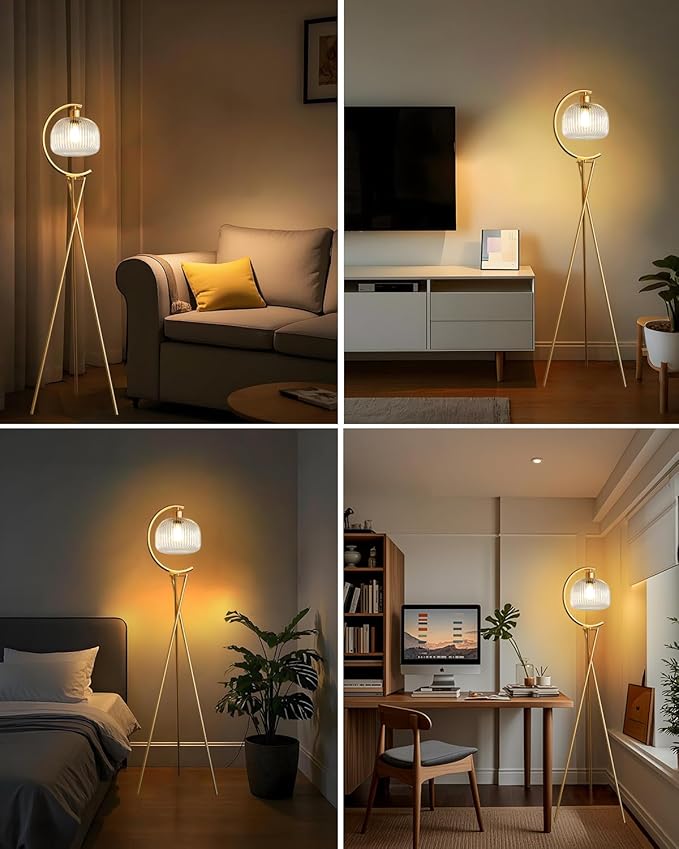 Lightdot Tripod Floor Lamp for Living Room, Gold Standing Lamp with Clear Glass Lampshade, Farmhouse Tall Lamp for Bedroom, Arced Reading Light for Home Office/Sofa Beside/Corner Decor(Bulb Included)