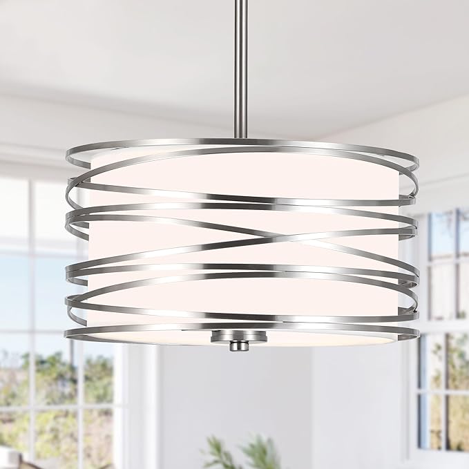 12.6'' Brushed Nickel Drum Chandelier, 3-Lights Hanging Dining Room Light Fixtures Over Table, Simple Round Pendant Lighting for Kitchen Island Hallway Bedroom Foyer Bathroom Office