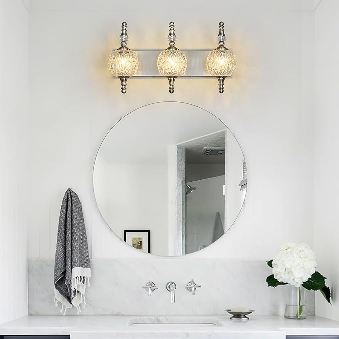 Modern Crystal Bathroom Vanity Lights Fixtures Over Mirror Brushed Nickel Vintage 3-Lights 20 Inch Bathroom Light Fixtures Glass Crystal Vanity Lights