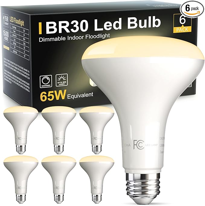 TJOY 6 Pack BR30 Led Bulb 65W Equivalent, Dimmable LED Flood Light Indoor, E26 Base, 2700K Warm White, 9W, 800 LM, Recessed Lighting Bulbs for Ceiling, Recessed Can, Living Room and Kitchen
