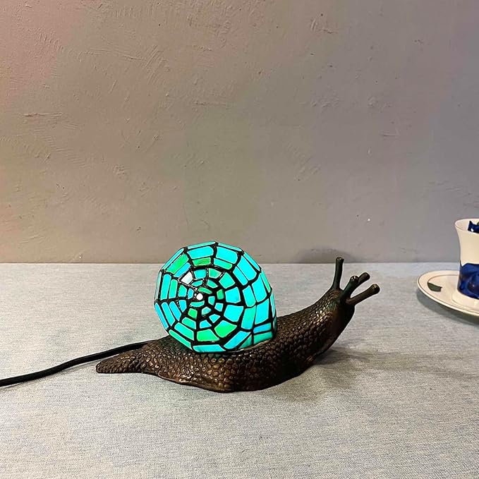 Bieye L10975 Land Snail Tiffany Style Stained Glass Accent Table Lamp for Home Decoration (Cyan, 10" D x 5" W x 5" H)