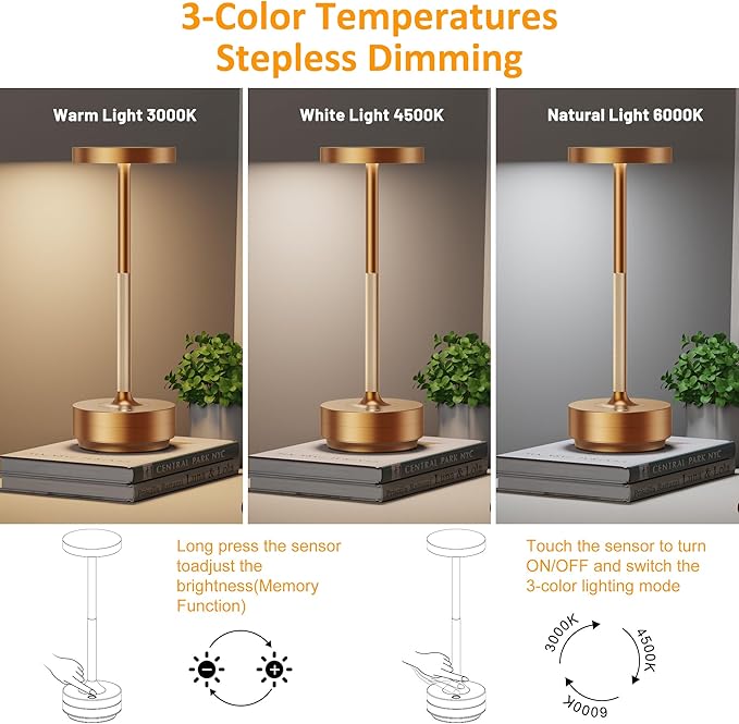 SAKRINGT 2 Pack Rechargeable Cordless Table Lamp - Battery Operated LED Portable Table Light with 3 Color Stepless Dimming, Memory Function - IP54 Waterproof for Outdoor, Restaurant, Patio, Camping