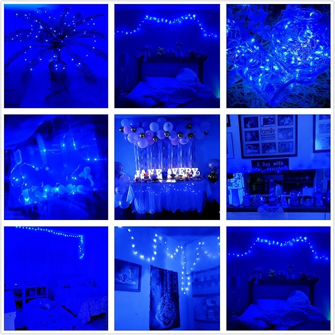 Blue Battery Operated LED String Lights 7Ft 20 LED Silver Copper Wire Fairy Ambiance Lighting for Home Bedroom Patio Camping Halloween Diwali Christmas Decoration-2Pack