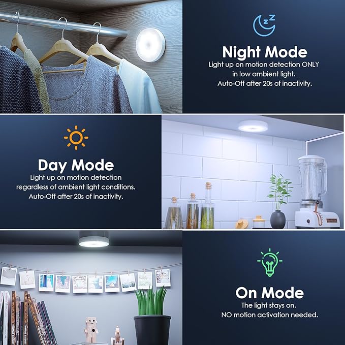 Motion Sensor Puck Light with Remote, Wireless Dimmable Under Cabinet Lights, Rechargeable Magnetic Closet Light, Stick on Night Light, 4-Pack