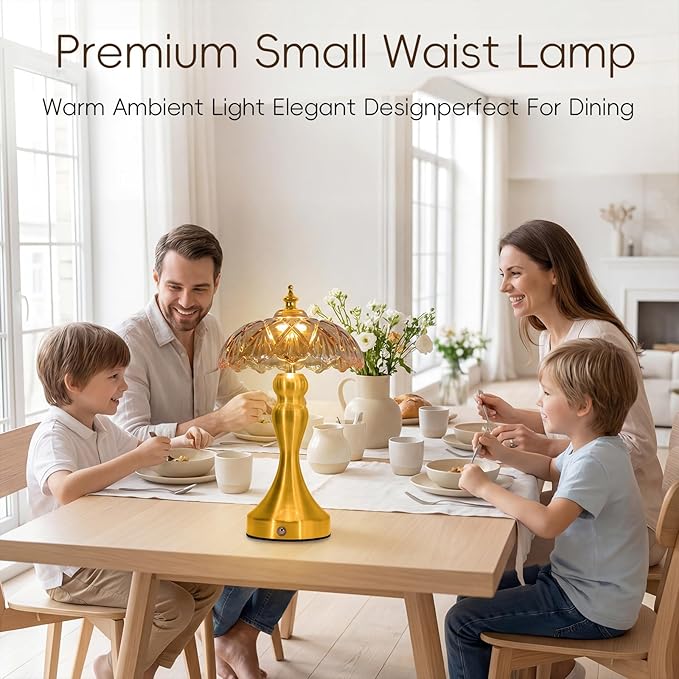 Cordless LED Table Lamp with Glass Shade, 3-Level Brightness & 3 Color Temperatures Touch Control, Rechargeable Portable Bedside Lamp for Nightstand Bedroom Living Room (Amber)