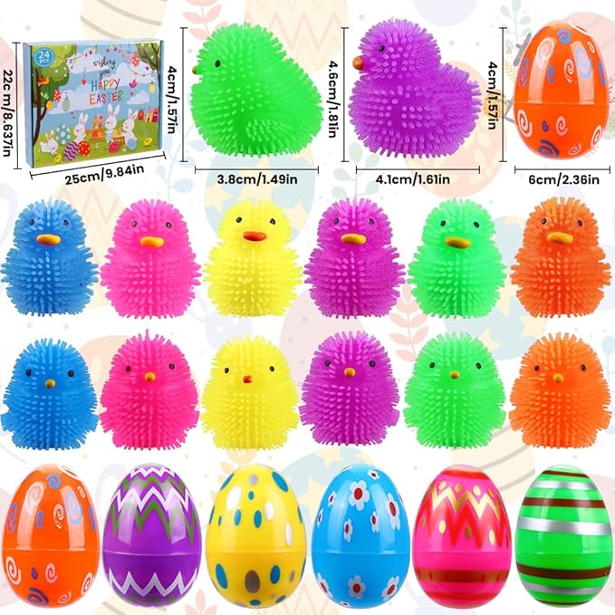 JOICEE 24 Pack Easter Eggs Filled LED Chick Duck Puffer Balls,Light Up Glowing Stress Relief Fidget Squeeze Sensory Soft Ball for Kids Easter Basket Stuffers Easter Eggs Hunt Gifts Party Favors