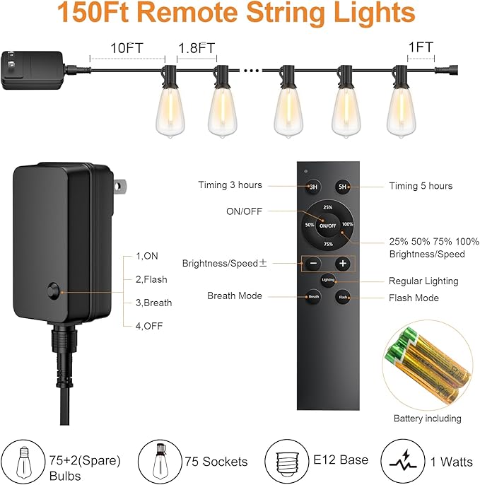 150FT Outdoor String Lights with Remote, Garden Patio Decor with 2500K Warm White, 75+3 LED Edison Bulbs, Support Timer Dimmable Waterproof Shatterproof for Yard Outside Porch Deck Backyard