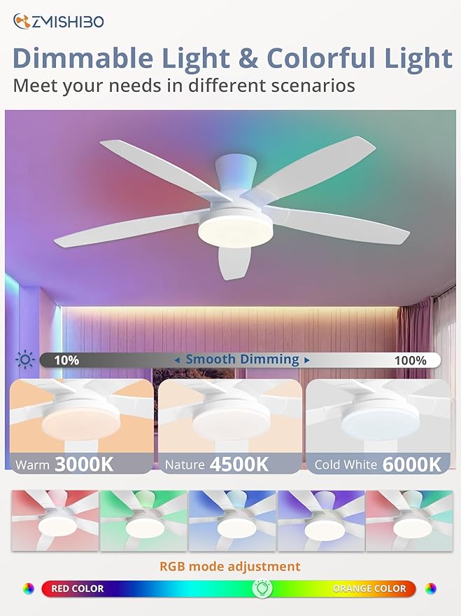 ZMISHIBO 52 inch RGB Ceiling Fans with Lights and Remote/APP Control,White Low Profile Ceiling Fan with Quiet DC Motor,LED Dimmable, Modern Flush Mount Ceiling Fan for Bedroom Indoor,Party, Patio