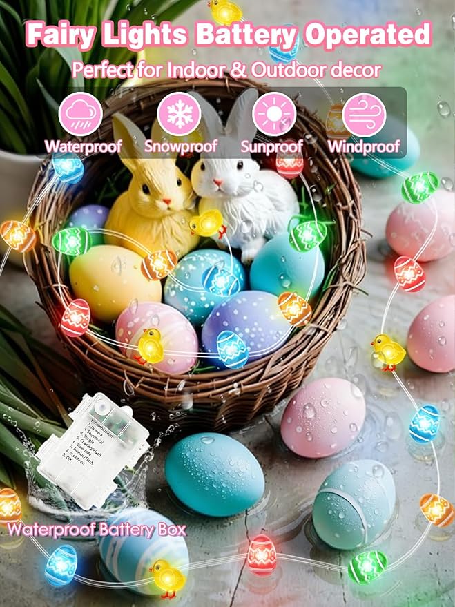 Easter Decoration Fairy Lights, 10 FT 30 LED Multicolor Eggs Chicken String Lights Battery Operated with Remote, 8 Modes Waterproof LED Light Mini Decor for Outdoor Indoor Easter Party Home DIY Decor