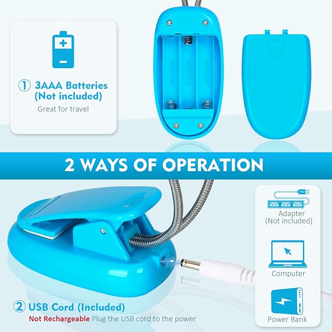 TEECOO Music Stand Light, Clip on LED Book Lights, USB and AAA Battery Operated, Reading Lamp in Bed, 4 Brightness Levels, Ideal for Musician, Piano Player, Travel (Dual Arm, Blue)