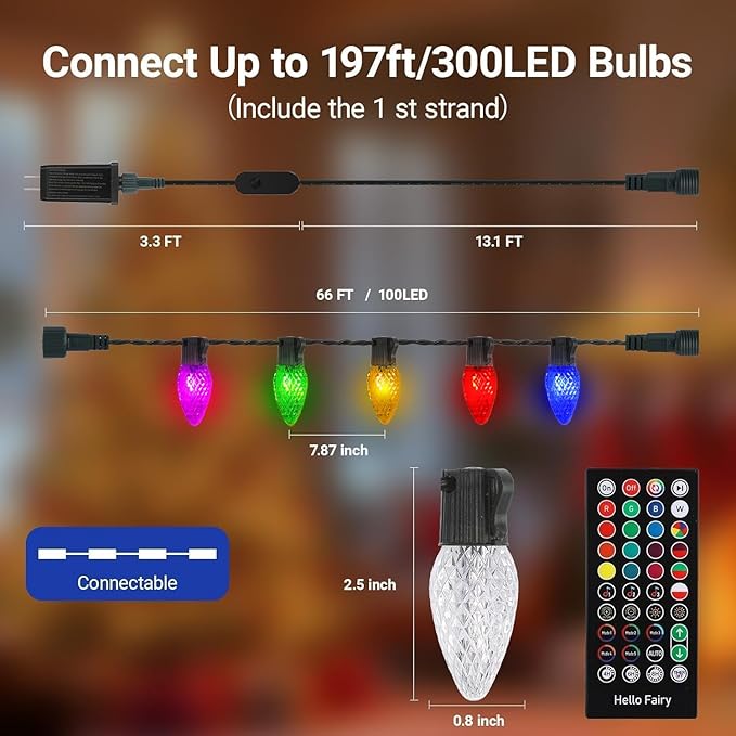 C9 Christmas Lights Outdoor, 49FT 50 LED RGB Color Changing Bulbs,App Bluetooth Music Sync, DIY Scenes & Timers, Connectable to 198FT, IP44 Waterproof Roofline Eaves Porch Fence Decorations