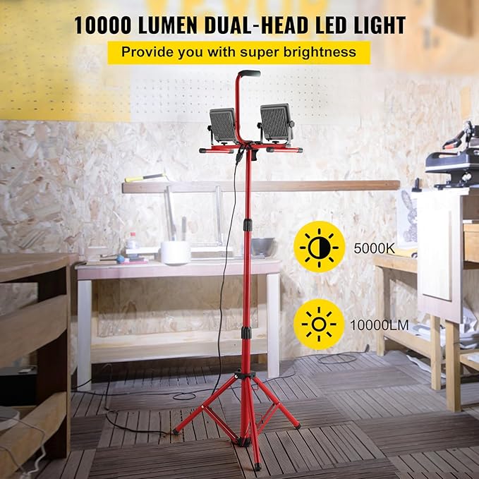VEVOR LED Work Light with Stand, 2PCS 10000 Lumen Dual-head LED Work Light with 27.6"-68.1" Adjustable and Foldable Tripod Stand, IP65 Waterproofed LED Tripod Work Light, with 5000 K Color Temperature