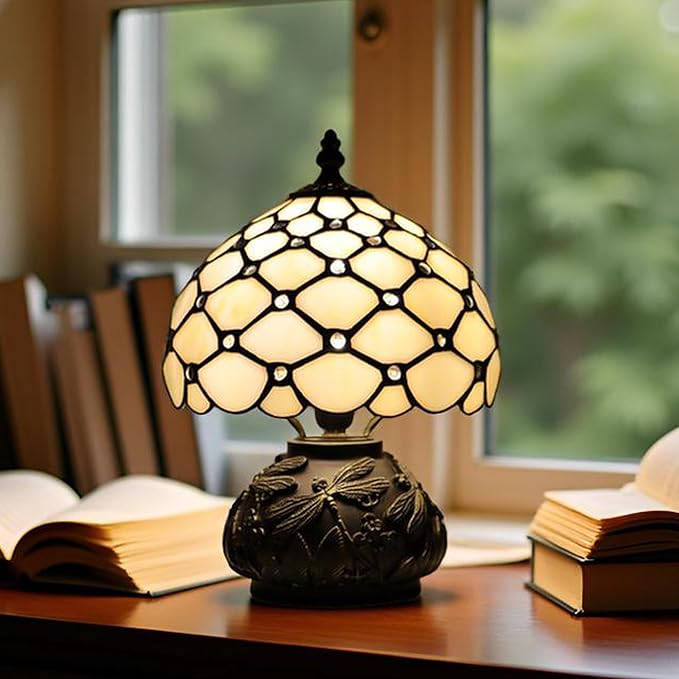 Small Tiffany Mushroom Table Lamp,Mini Memory Sympathy Antique lamp 8X11 Inch (Cream Bead)