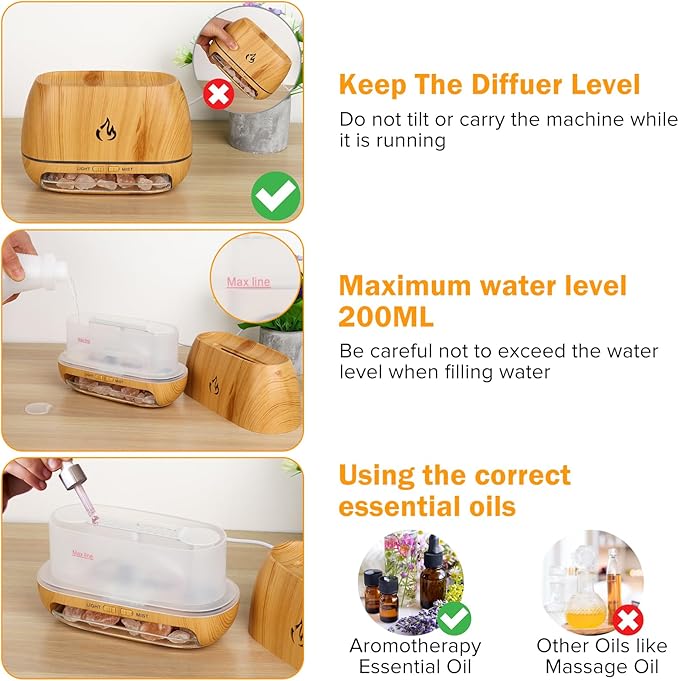 3-in-1 Ultrasonic Essential Oil Diffuser & Himalayan Salt Lamp Diffuser & 7 Colors Changing Oil Diffuser,100% Pure Himalayan Pink Salt Rock, Waterless Auto off-200ml (Wooden Grain)
