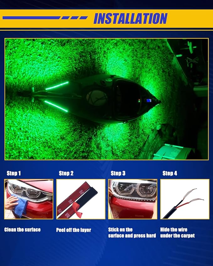 Green Led Strip Lights,DUOFU365 Marine Boat Led Navigation Lights 30CM 15 SMD IP67 Waterproof Auto Interior Lights for Home Decoration Car Motorcycles Boat Golf Cart Truck with 3M Tape(6PCS)