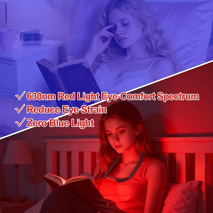 630nm Red Neck Reading Light - Zero Blue Light, Rechargeable Dimmable Portable LED Red Neck Book Lamp for Reading, Crafts, Knitting, Crochet at Night, Ideal Gift for Readers and Craft Lovers