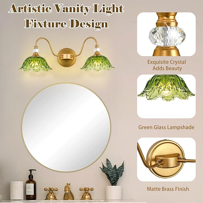 Vintage Bathroom Vanity Light, 2-Light Matte Brass Finish Vanity Light with Floral Green Glass Shades, Retro Wall Sconce for Bathroom, Dressing Table