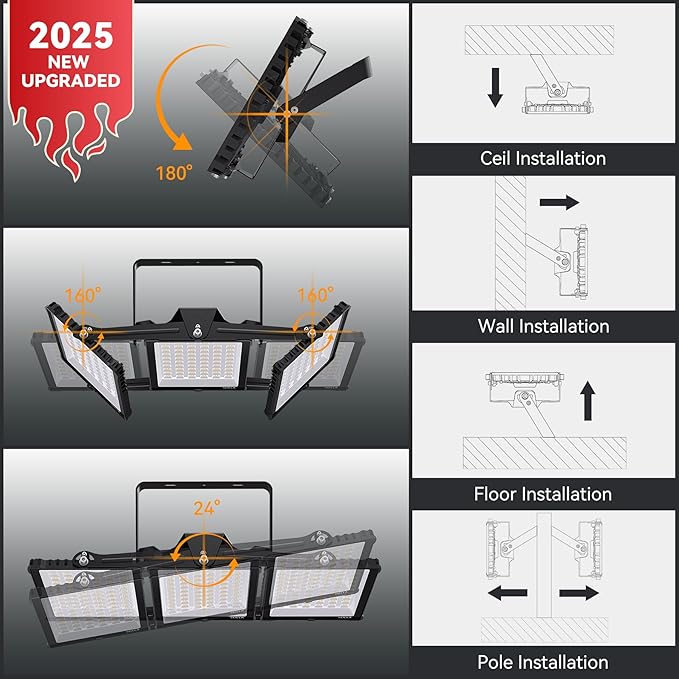 SOLLA 450W 2025 Plus New Upgraded LED Outdoor Flood Light, 45000LM 6000K Daylight White IP66 Waterproof, Stadium Lights, 3 Heads Outdoor Floodlight Security Lights for Yards, Patios, Street (2 Pack)