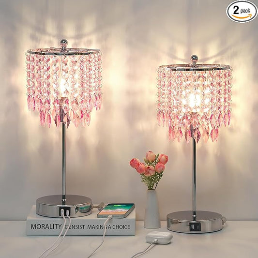 Boncoo Pink Crystal Lamps, Touch Control Crystal Table Lamp with Dual USB Charging Ports, 3 Way Dimmable Bedside Lamp Decorative Nightstand Lamp for Girls Bedroom, Living Room, B11 LED Bulb Included