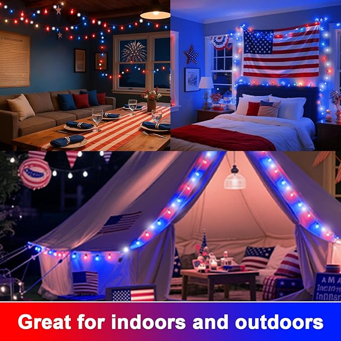 LAMPHOME 50 LED Outdoor Red White Blue Patriotic Lights, 16 FT Mini String Light with 9 Modes & 6 Hour Timer, Waterproof Battery Operated for Independence Day Holiday Memorial Day Party Decor